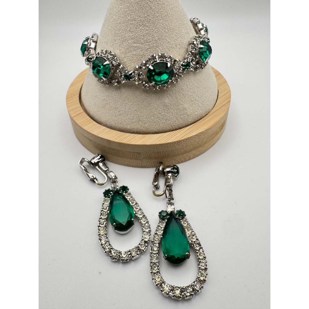 Vintage Kramer Bracelet Earring Parure Set Green Glass Clear Crystal Demi